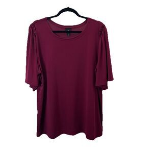 Worthington Burgundy Short Ruffle Wide Sleeve Flowy Top Womens Size XXL 2XL